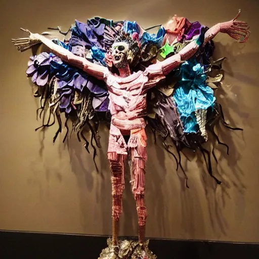 Image similar to papercraft scene made entirely of pipecleaners and crumpled foil of Jean-Michel Basquiat as a full-body bronze baroque statue of Icarus in the posing like a bird for flight, crown of peach roses, flowing pink-colored silk, fabric, flowers. baroque elements, human skull. full-length view. baroque element. intricate artwork by caravaggio. many many birds birds on background. Trending on artstation, octane render, cinematic lighting from the right, hyper realism, octane render, 8k, depth of field, 3D