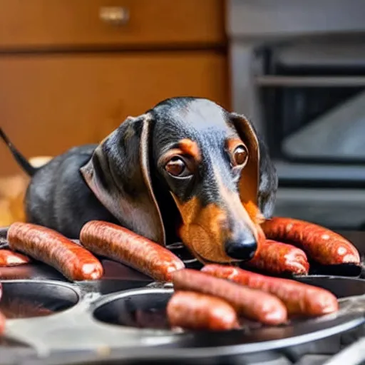 Image similar to dachshund cooking some sausages on a pan