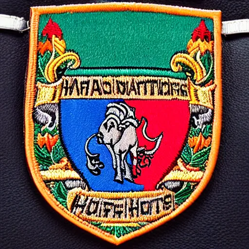 Image similar to closeup photo of a colorful embroidered patch of the coat - of - arms of a buffalo - themed house of hogwarts. the patch is sewn onto a leather school - bag. the name watanka appears on the patch.