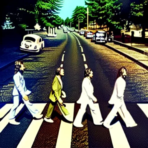 Image similar to abbey road with the three stooges instead of the beatles,