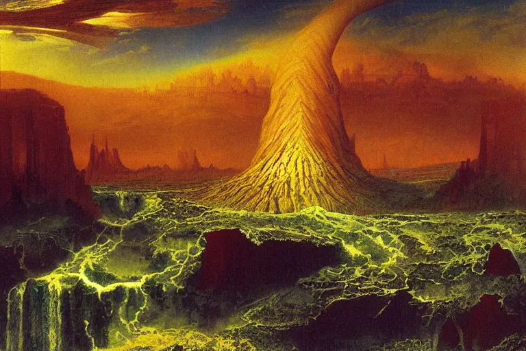 Prompt: mesozoic cosmic upheaval turmoil landscape in the style of dr. seuss, tower of babylon, painting by albert bierstadt