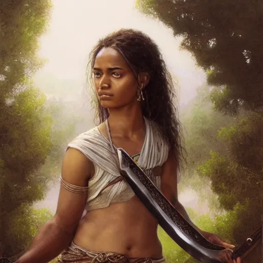 Image similar to artstation concept of a beautiful girl holding a sword in both hands, brown skin, sweaty skin, symmetrical face, casual white garment, brown canyon background, shiny colorful, hyperdetailed, artstation trending, world renowned artists, worth1000.com, historic artworks society, antique renewel, cgsociety, by greg rutkowski, by Gustave Dore, Deviantart