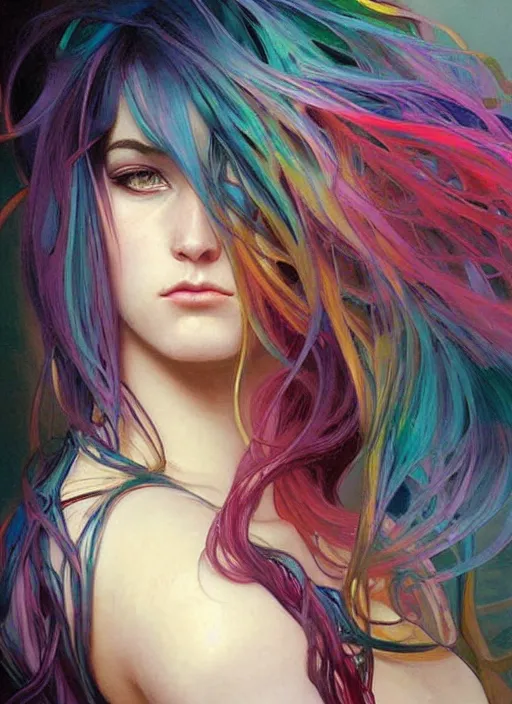 Image similar to a young woman with beautiful rainbow hair. she looks very angry. beautiful painting by artgerm and greg rutkowski and alphonse mucha