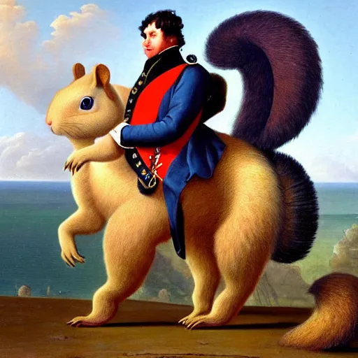 Prompt: a giant fluffy squirrel carrying napoleon bonaparte on its back, beach scene, background flowers and foliage, detailed oil painting
