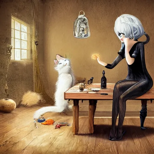 Image similar to a full body beautifull witch with white hair in an old room. A cristal ball on a wood table with a potions and old instruments. A cat on the floor licking his paw. in a fantasy style paiting