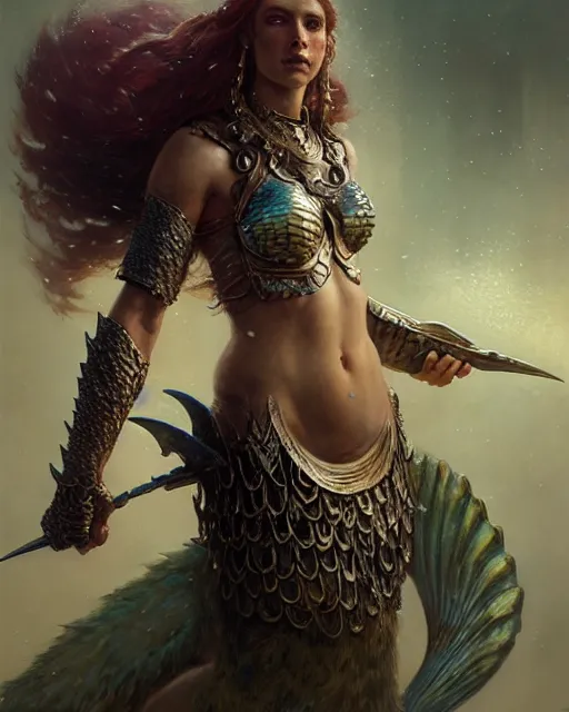 Image similar to a fierce mermaid princess in full armor, fantasy character portrait, ultra realistic, concept art, intricate details, highly detailed by greg rutkowski, gaston bussiere, craig mullins, simon bisley