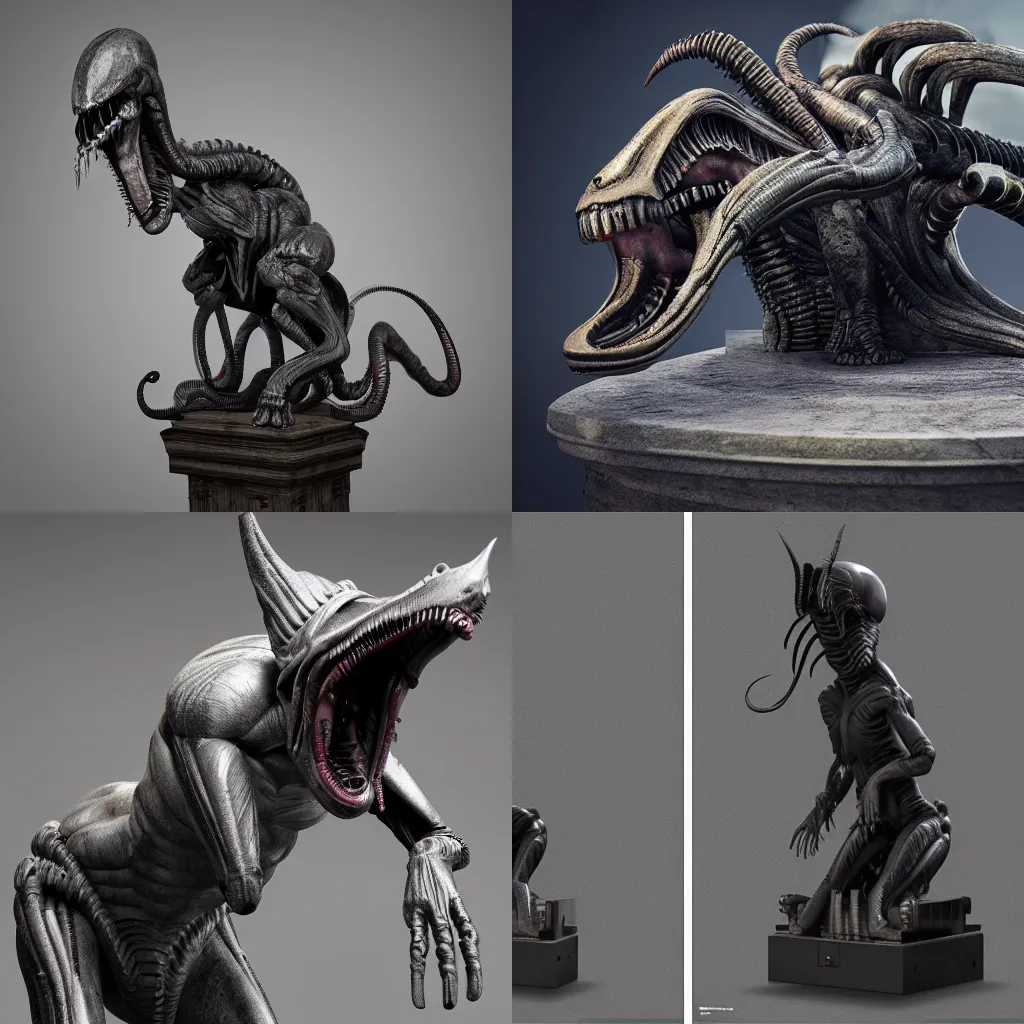 Prompt: photorealistic xenomorph Cat statue inspired by Giger, octane render, unreal engine 4k, volumetric light, fog, detailed