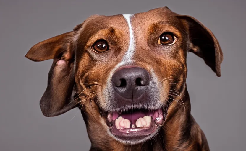 Prompt: studio photography of a happy dog, detailed face, 8 k