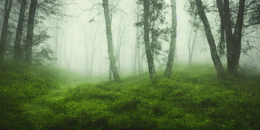 Prompt: calming fog over the woods on a mountain, green, photorealistic