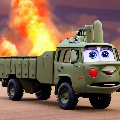 Image similar to HIMARS as Cars Pixar movie, detailed