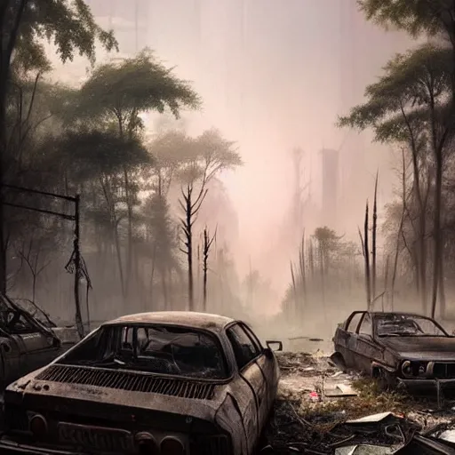 Image similar to postapocalyptic city of munic!!!, wild forest!!! vegetation!!!, rubble!!, rusty bmw cars!!, hyperrealistic, highly detailed, cinematic, foggy light from fires, beautiful, cgssociety, artstation, 8 k, oil painting by greg rutkowski, by artgerm, by wlop