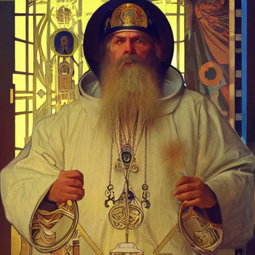 Image similar to painting of russian orthodox astronaut priest with gold visor by alphonse mucha, greg rutkowski, and bekzinski