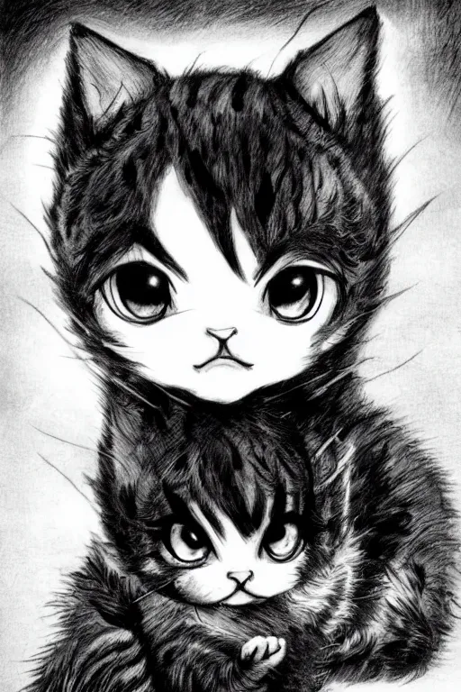 Image similar to Baby Kitten, highly detailed, black and white, manga, art by Kentaro Miura