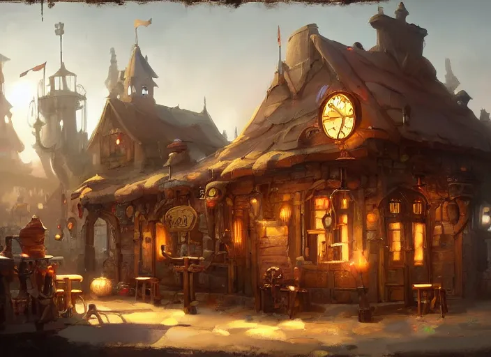 Image similar to A cheerful gnomish steampunk tavern, by Greg Rutkowski and James Gurney, trending on Artstation