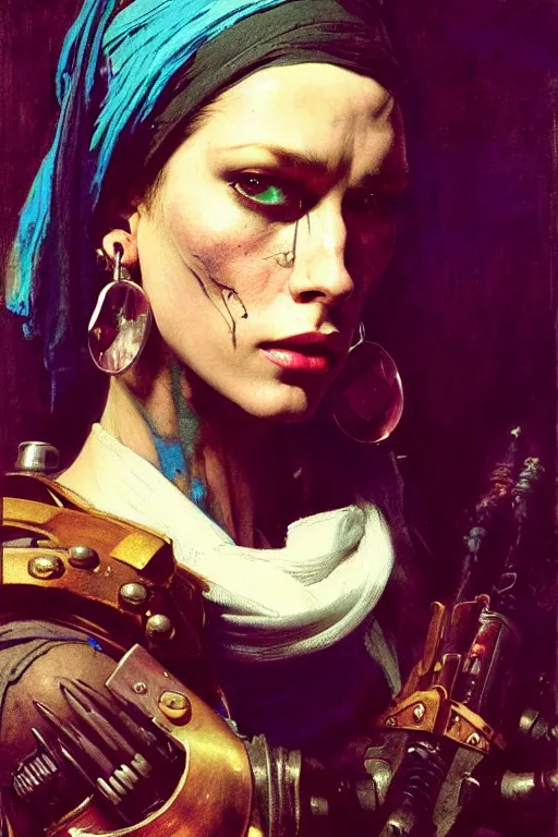 Image similar to full character portrait max mad cyberpunk warhammer 4 0 k, medic sapper not the girl with the pearl earring character design, painting by gaston bussiere, katsuya terada, wyeth, greg rutkowski, craig mullins, ( ( ( ( ( vermeer ) ) ) ) ), frank frazetta, mucha, tom of finland, trending on artstation