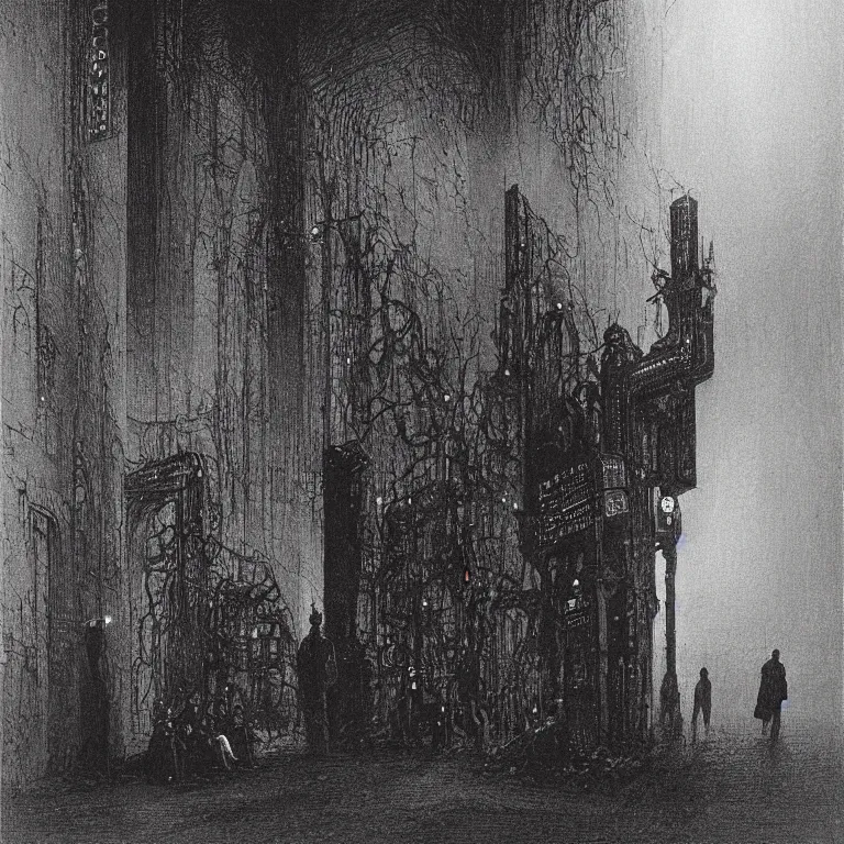 Image similar to some people waiting in a lone bus stop in qiet dark city, by H.R. Giger and Zdizslaw Beksinski