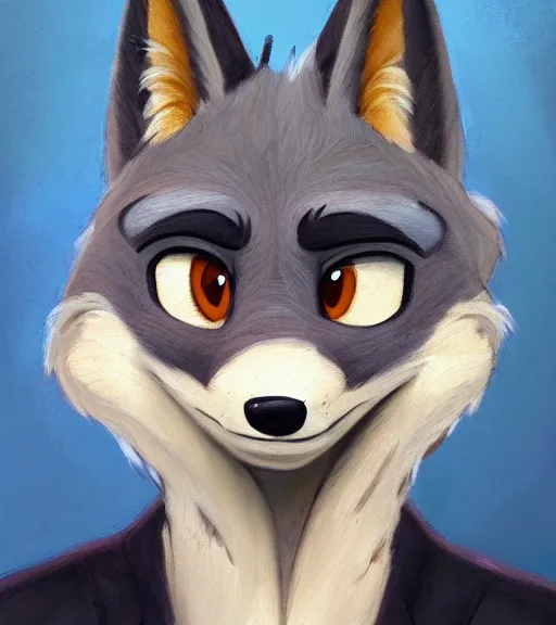 Image similar to oil painting headshot of anthromorphic female wolf, in style of zootopia, zootopia, zootopia, fursona, furry, furaffinity, 4 k, deviantart, furry art, fursona art, wearing black business suit, business suit, in style of zootopia, wolf fursona, cyberpunk, female, expressive detailed feminine face,