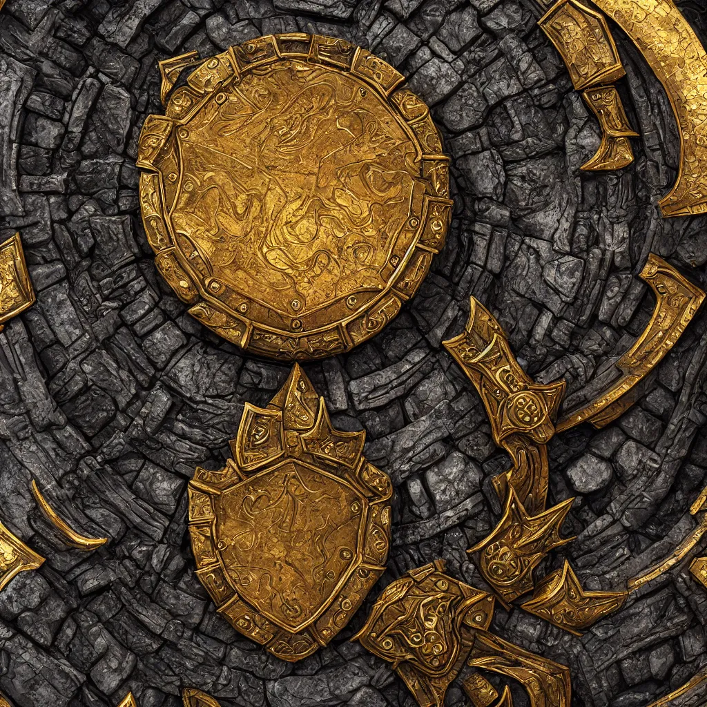 Image similar to ornate and detailed round battle shield made of lava rock, focused shot, gold and obsidian colors, dungeons and dragons themed, 4 k octane digital render, unreal engine 5, styled by greg rutkowski and android jones, extreme levels of detail