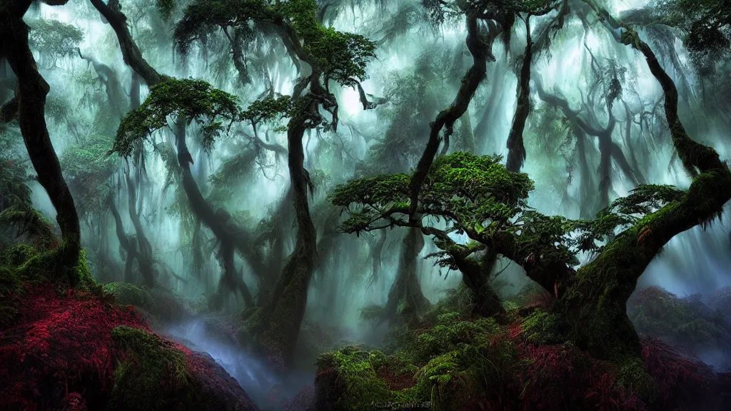 Image similar to amazing landscape photo of a tropical forest by marc adamus, beautiful dramatic lighting