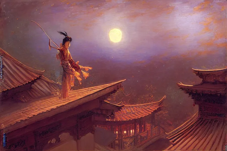 Image similar to wuxia, moon, roof, night, painting by gaston bussiere, craig mullins, j. c. leyendecker