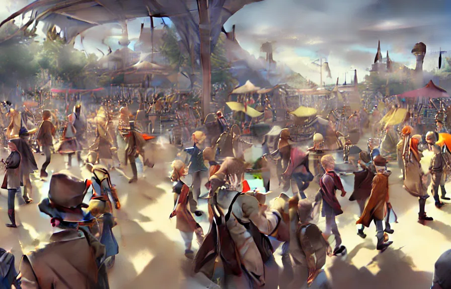 Prompt: greg manchess concept art of the millennial fair from chrono trigger, outdoor fairgrounds, striped pavillions, leene's bell, key visual, ambient lighting, highly detailed, digital painting, artstation, concept art, sharp focus, by makoto shinkai and akihiko yoshida and hidari and wlop and greg rutkowski