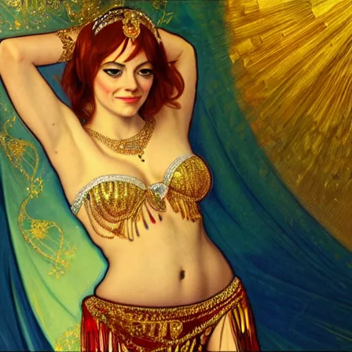 Prompt: a photorealistic portrait of emma stone dressed as a belly dancer, arabian night, high quality, fully detailed, 4 k, in focus sharp face with fine details, realistic hand details and anatomy composition, inspired by belly dancer on youtube, alphonse mucha, masterpiece, stunning