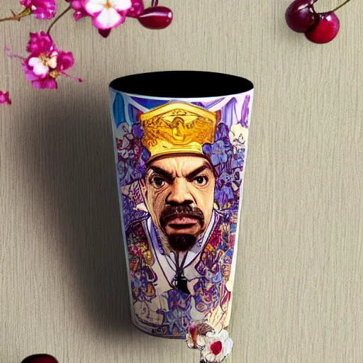 Prompt: ice - t, shot glass, by alfons mucha, golden hour, realistic, body shot, sharp focus, 8 k high definition, insanely detailed, intricate, elegant, cherry blossoms