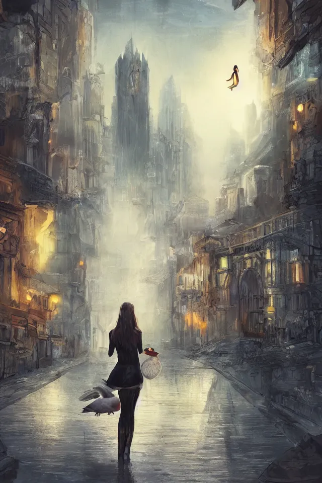 Prompt: concept art, a pretty girl with the head of a duck, cities, godrays, wide views, on the street