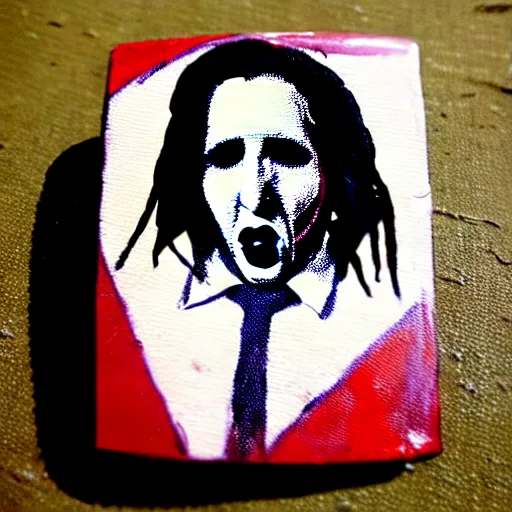 Image similar to painting on a badge!!!!, photo of a marilyn manson, punks not dead!!!!, exploited!!, clash, junk yard, rats!!, god save the queen!!!, punk rock album cover art style, grunge, no future!!!!