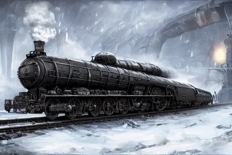 Prompt: a grand intricate futuristic black steam train, the train is themed after willy wonka and the chocolate factory, post - apocalyptic ice landscape in snowstorm, concept art, artstation, highly detailed, digital art