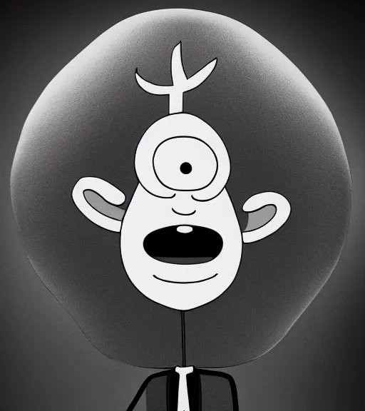 Image similar to professional photograph of a portrait of Mr Meeseek from Rick and Morty, black and white, studio lighting, highly detailed