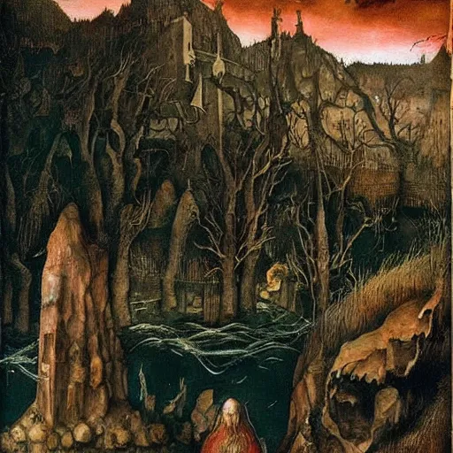 Image similar to fantasy painting of a landscape by judson huss and henriette grindat and albrecht durer | horror themed | creepy