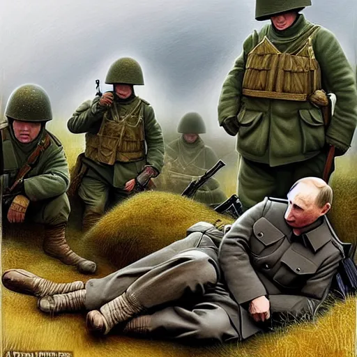 Prompt: Putin is sitting in the trenches and defending himself from Ukrainian troops, hyperrealism, photorealism, super realistic