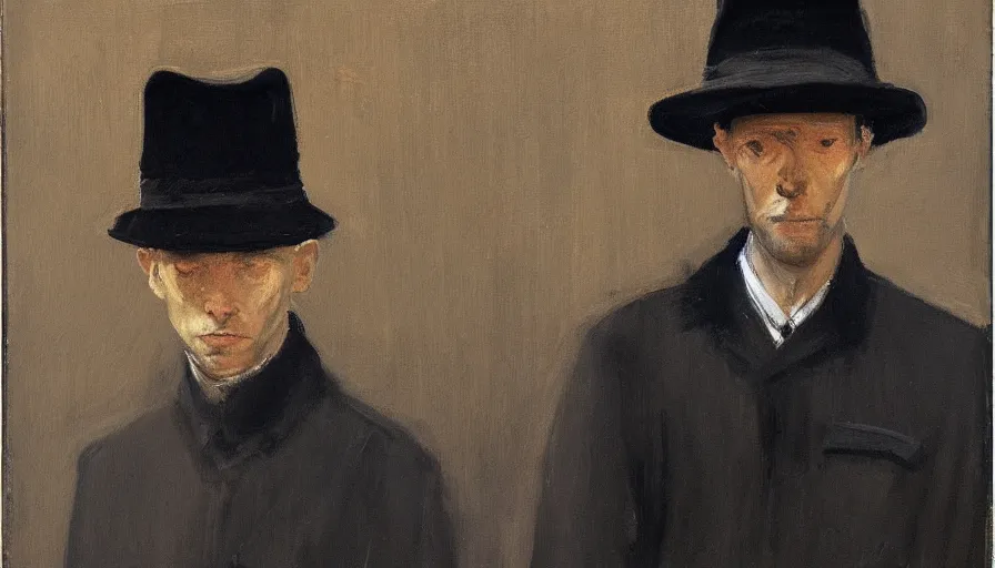 Image similar to painting by borremans, man agent in a black coat and black hat, detailed, stunning