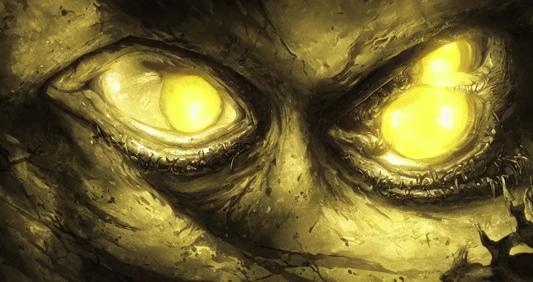 Image similar to an eye inside a mouth of a child with pointed teeth and glowing yellow eyes, nightmare, dark, h. p. lovecraft, portrait, intricate, detailed, volumetric lighting, scenery, digital painting, highly detailed, artstation, sharp focus, illustration, concept art, art by artgerm and greg rutkowski