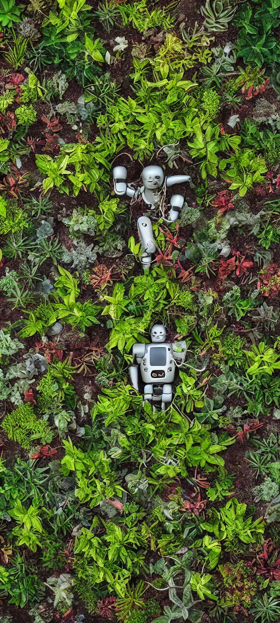 Image similar to award winning photo of robot body degraded and filled with plants, stunning, 4 k, detailed, top - down