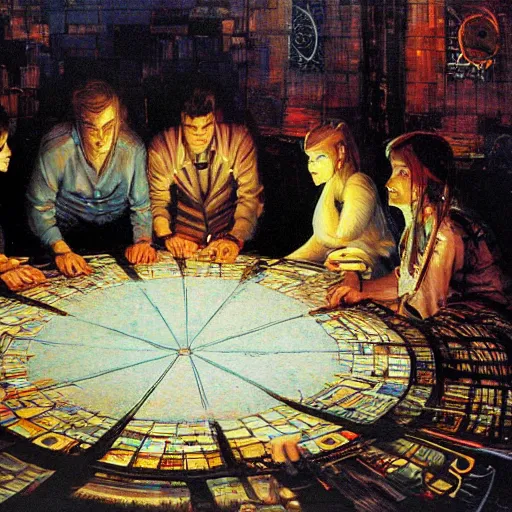 Prompt: A beautiful computer art of a group of people standing around a circular table. In the center of the table is a large, open book. The people in the computer art are looking at the book with interest and appear to be discussing its contents. warm light by Susan Seddon Boulet, by Yoji Shinkawa