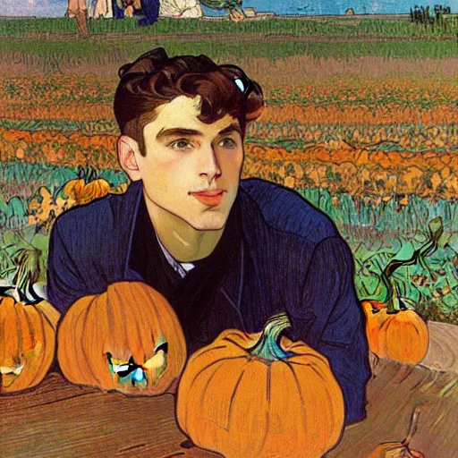 Image similar to painting of handsome young delicate beautiful jeffrey in his 2 0 s with brown hair and gorgeous rina together at the pumpkin patch in october, elegant, clear, painting, stylized, art, art by alphonse mucha, vincent van gogh, egon schiele,