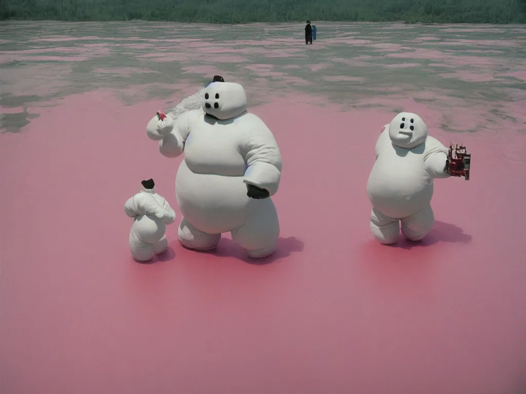 Image similar to 3 5 mm kodachrome colour photography of michelin man and stay - puft marshmallow man dancing in a pink lake, taken by harry gruyaert