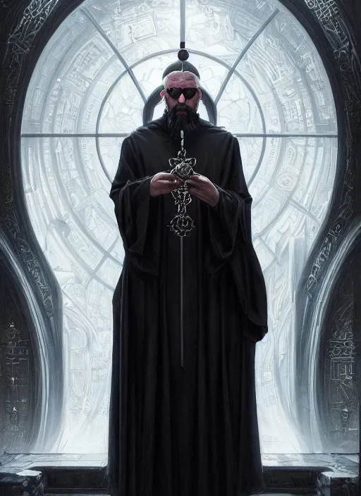 Image similar to portrait of a cyberpunk orthodox priest, grim - lighting, high - contrast, intricate, elegant, highly detailed, centered, digital painting, artstation, concept art, smooth, sharp focus, illustration, artgerm, tomasz alen kopera, peter mohrbacher, donato giancola, joseph christian leyendecker, wlop, boris vallejo