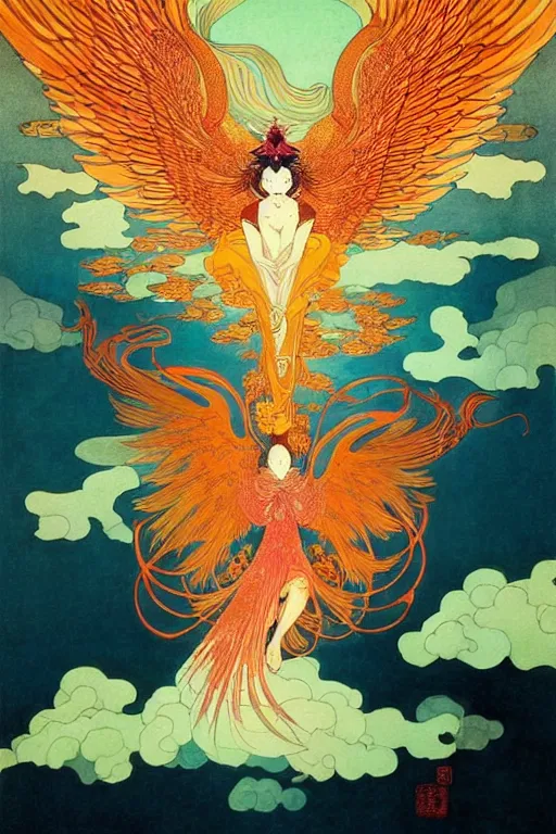 Image similar to victo ngai and lfons mucha painting of a phoenix in the sky, chinese style