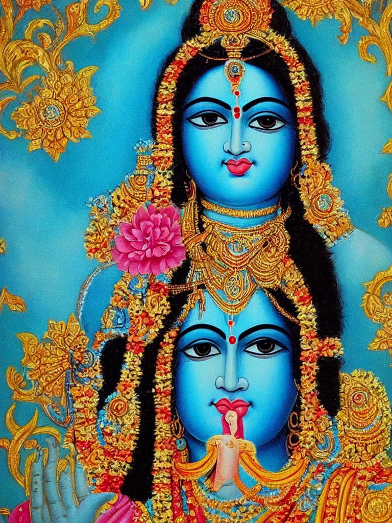 Prompt: a close up portrait of lord krishna, symmetric, beautiful painting, peaceful, calm, relaxing