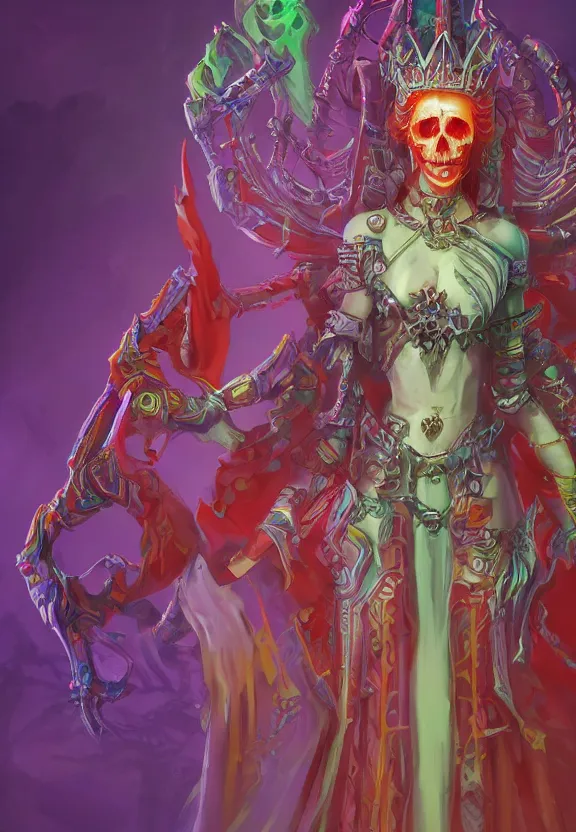 Prompt: colourful necromancer queen concept art, symmetrical, rule of three, detailed body, full body, detailed face, ultradetailed digital illustration, 8 k, epic atmosphere, digital art by simon cowell and rachel walpole