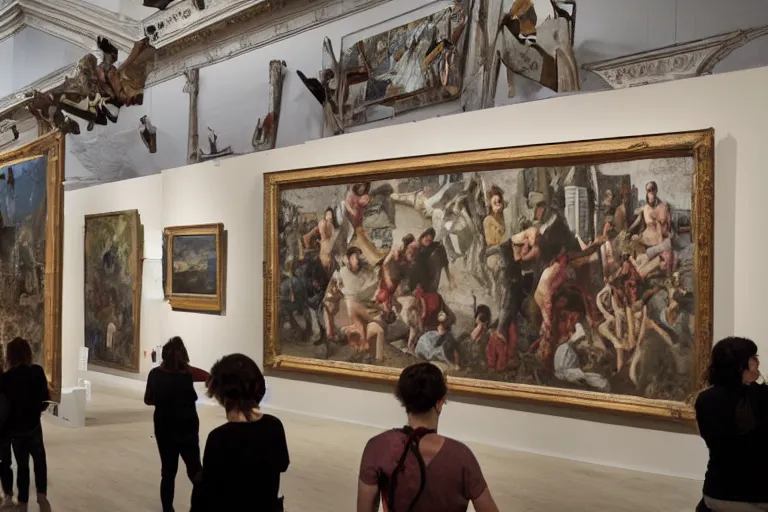 Image similar to a group of people destroying a museum art show