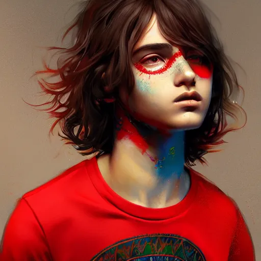 Image similar to colorful and festive captivating teenager with straight brown hair covering his eye, dark skin, big lips, big eyes, wearing a red t - shirt. rich vivid colors, ambient lighting, dynamic lighting, 4 k, atmospheric lighting, painted, intricate, highly detailed by charlie bowater