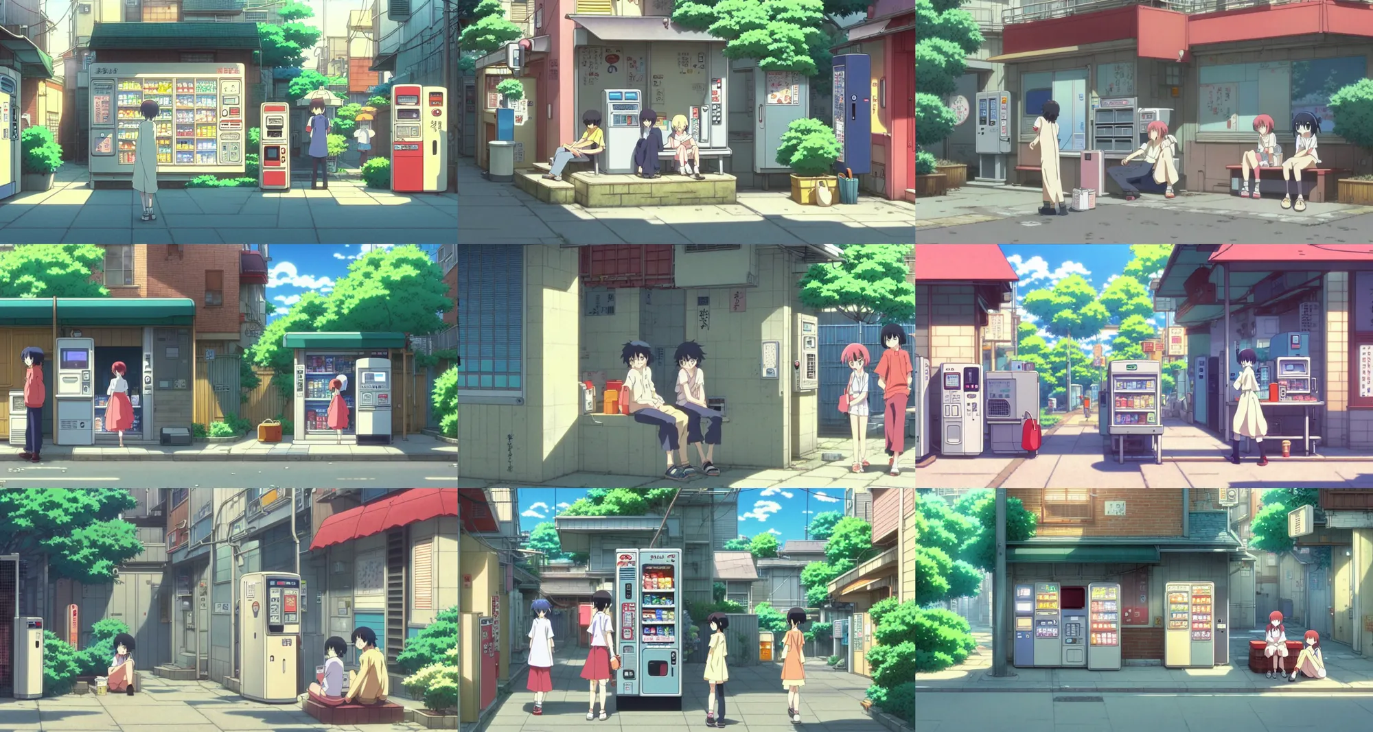 Prompt: beautiful slice of life anime scene of suburban alleyway, vending machine, relaxing, calm, cozy, peaceful, by mamoru hosoda, hayao miyazaki, makoto shinkai