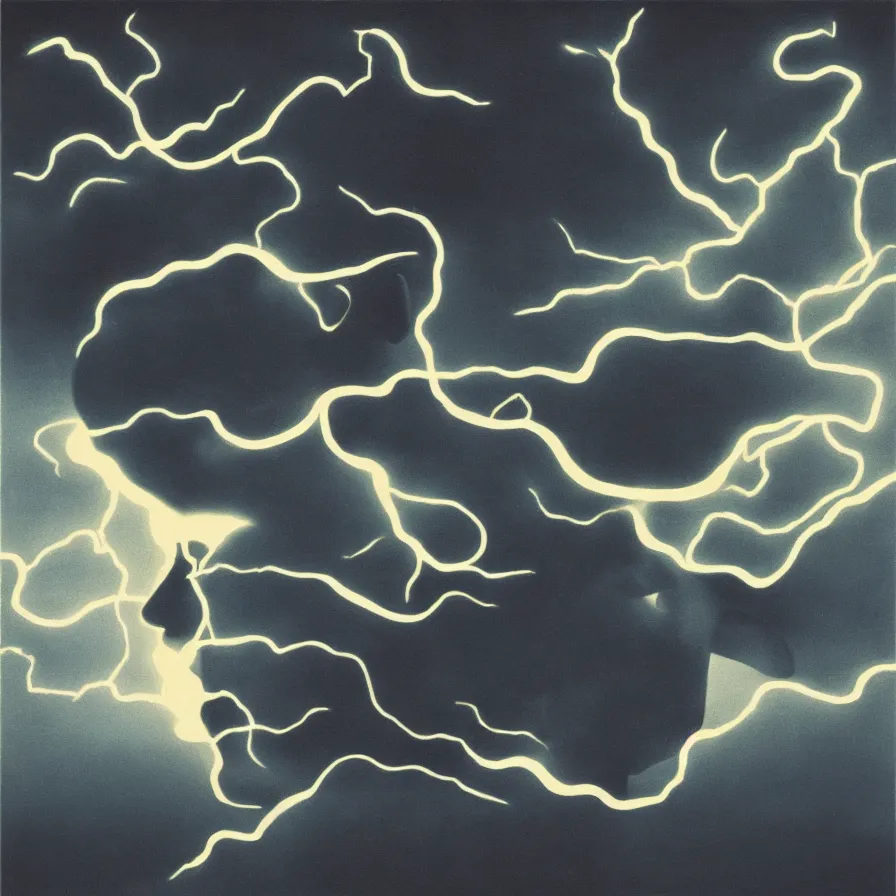 Prompt: surrealist artwork of the atmospheric indie album titled :'when your head feels like a black lightning cloud '.