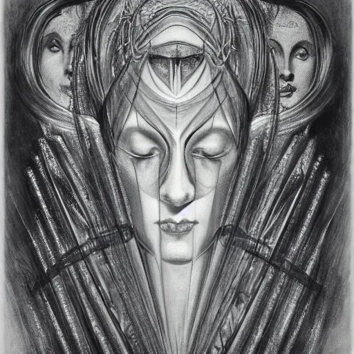 Image similar to Norma Desmond, pencil drawing. El Greco, Remedios Varo, Salvador Dali, Carl Gustav Carus, John Atkinson Grimshaw. Blue tint. Symetrical, logo, geometric shapes.