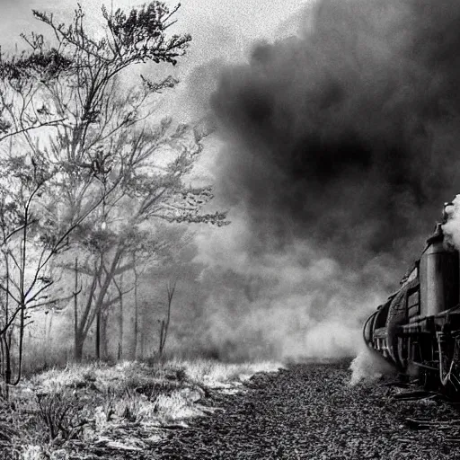 Prompt: trainwreck, boxcar on fire, atmospheric smoke and fog, post-apocalyptic, Cinematic, high detail