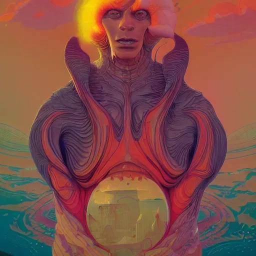 Prompt: colourful breathtakingly weird beautiful powerful magical wonderfully majestic beautifully cool character by michael whelan and moebius and beeple and dan mcpharlin and pascal blanche and jamie hewlett and richard dadd, symmetrical, serene expression, magical stormy reflections, smoke on water, 8 k artstation